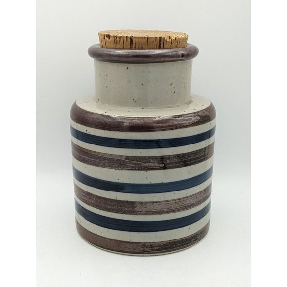 Vintage Mid Century JAR  CANISTER 7.3" Japan Pottery Blue Brown Stripes Glazed - Picture 1 of 12
